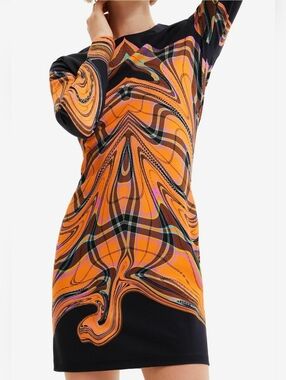 Desigual x Maria Escote Orange Black Mini Dress XL Plaid Tartan Rare Long Sleeve